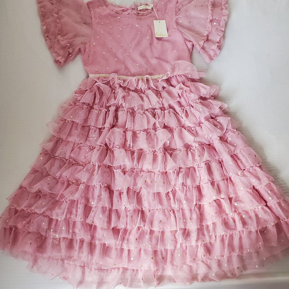 Boden Pink Mesh Dress with Gold Star Accents